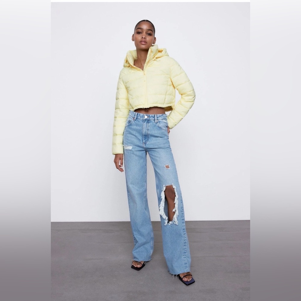 ZARA Quilted Water Repellent Cropped Puffer Jacket Yellow Hooded
